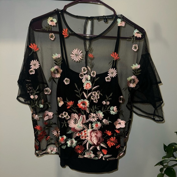 Haute Monde Tops - Black Sheer Top with Floral Embroidery